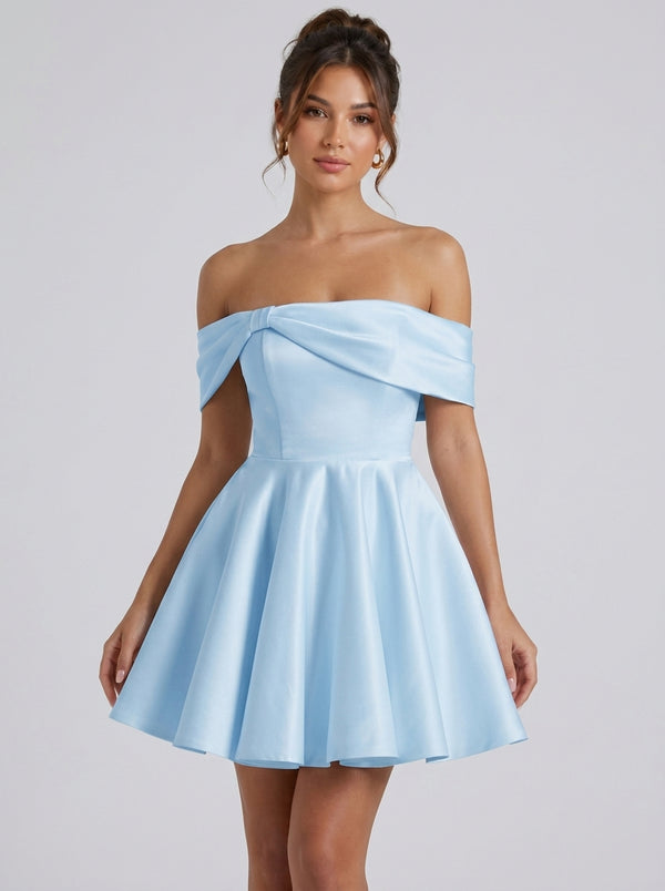 A-Line/Princess Off-the-Shoulder Satin Homecoming Dresses Short/Mini Sleeveless Pleated