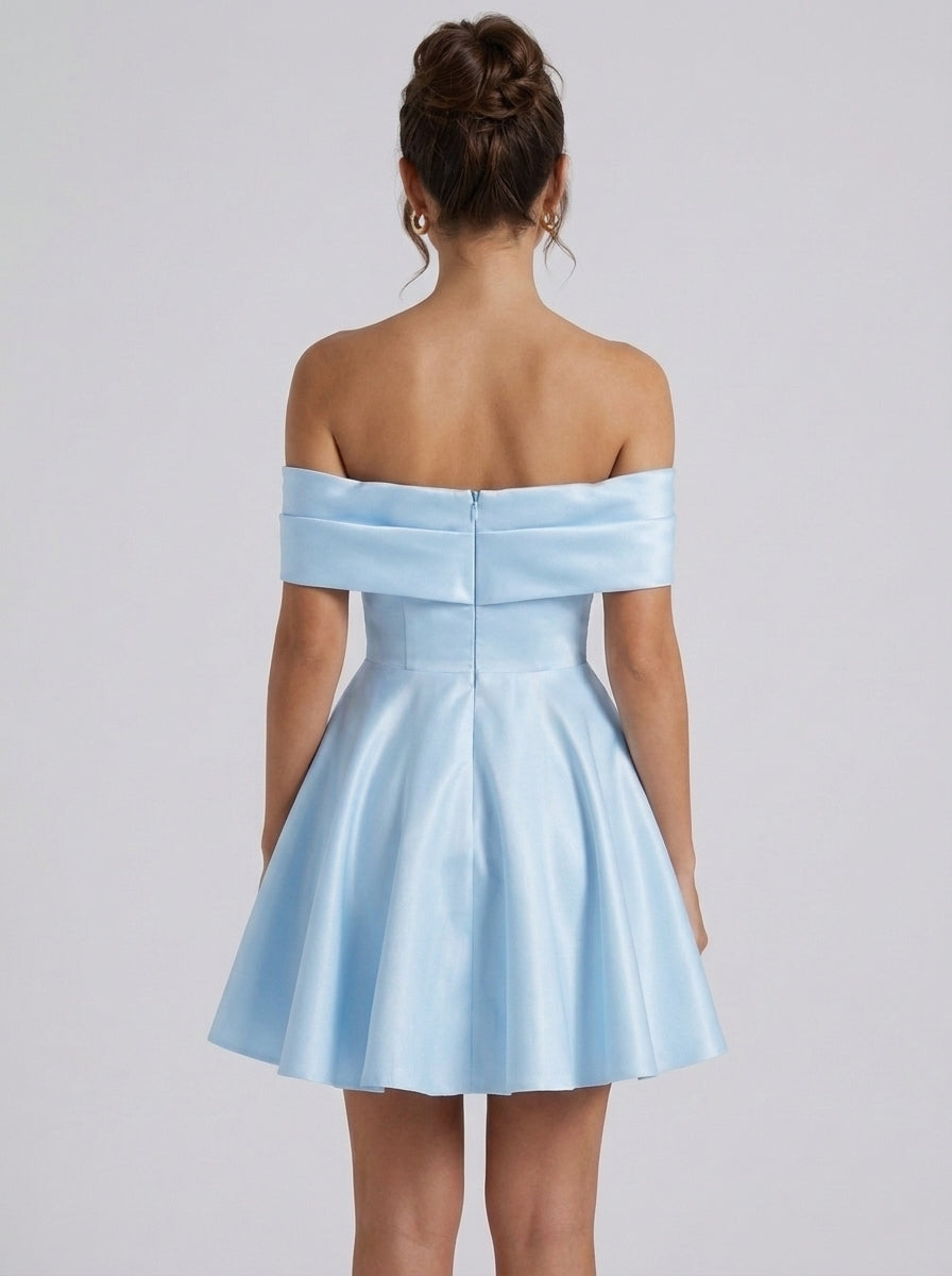 A-Line/Princess Off-the-Shoulder Satin Homecoming Dresses Short/Mini Sleeveless Pleated