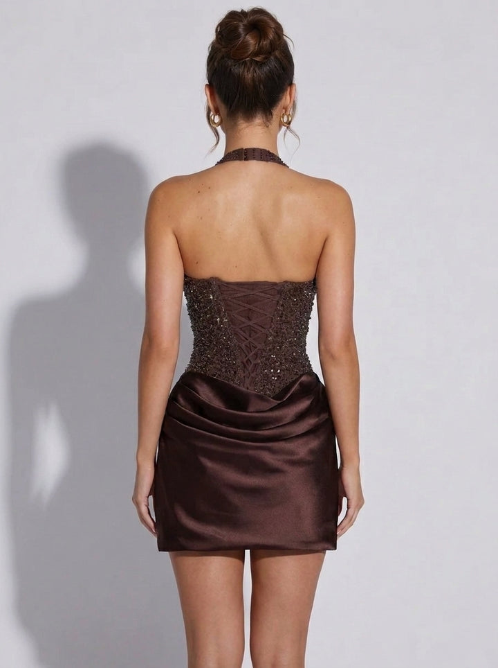 Sheath/Column Deep V-Neck Sequins Homecoming Dresses Silk Satin Sleeveless Short/Mini