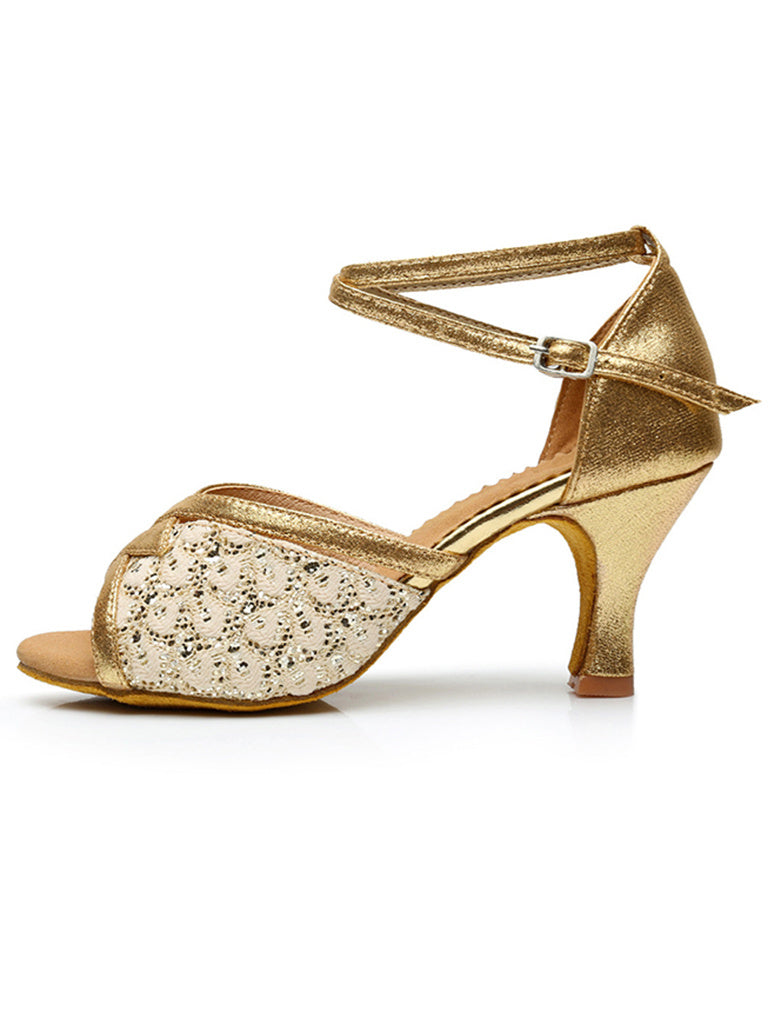 Women's Dancewear Shoes Peep Toe Ankle Strap Heel Glitter Latin Shoes