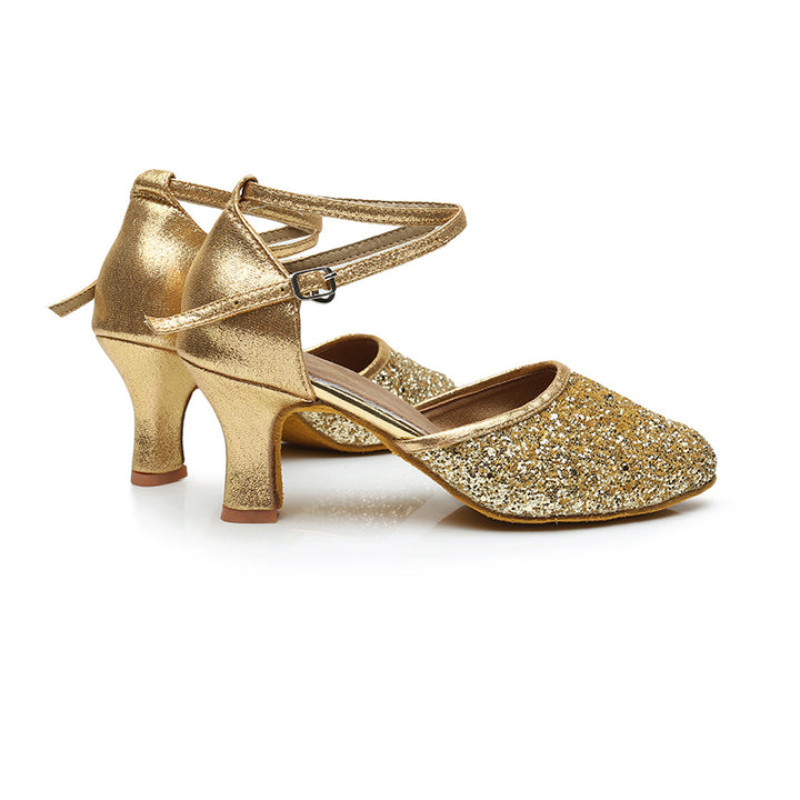 Women's Dancewear Shoes Ankle Strap Heel Round Toe Glitter Latin Shoes