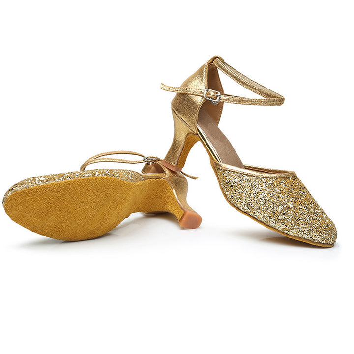 Women's Dancewear Shoes Ankle Strap Heel Round Toe Glitter Latin Shoes