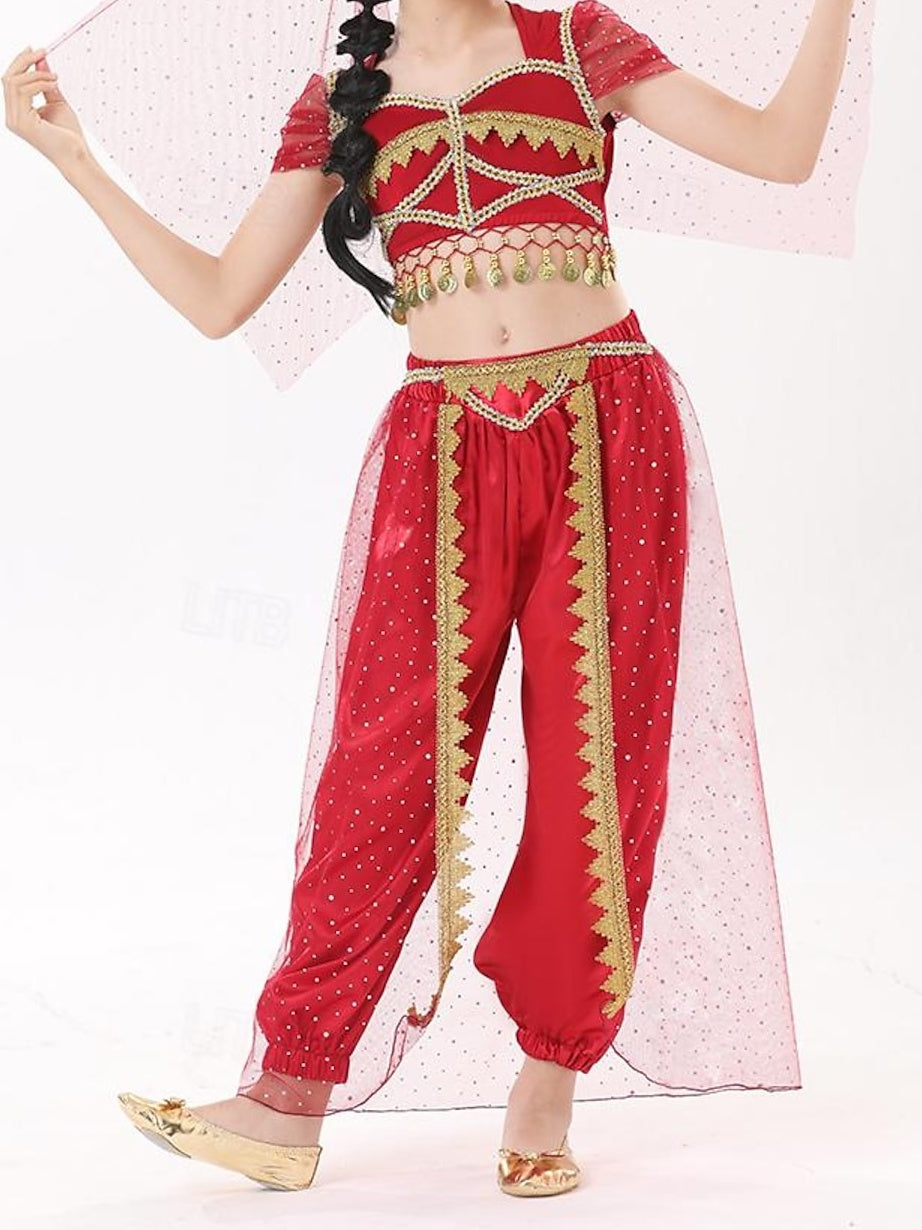 Belly Dance Kids' Dancewear Top Girls' Performance With Splicing & Tulle & Pure Color & Gold Coin