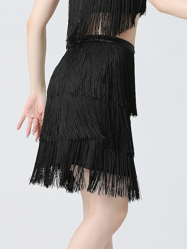 Belly Dance Latin Dance Skirts Fringed Tassel Pure Color Splicing Women‘s Training Performance