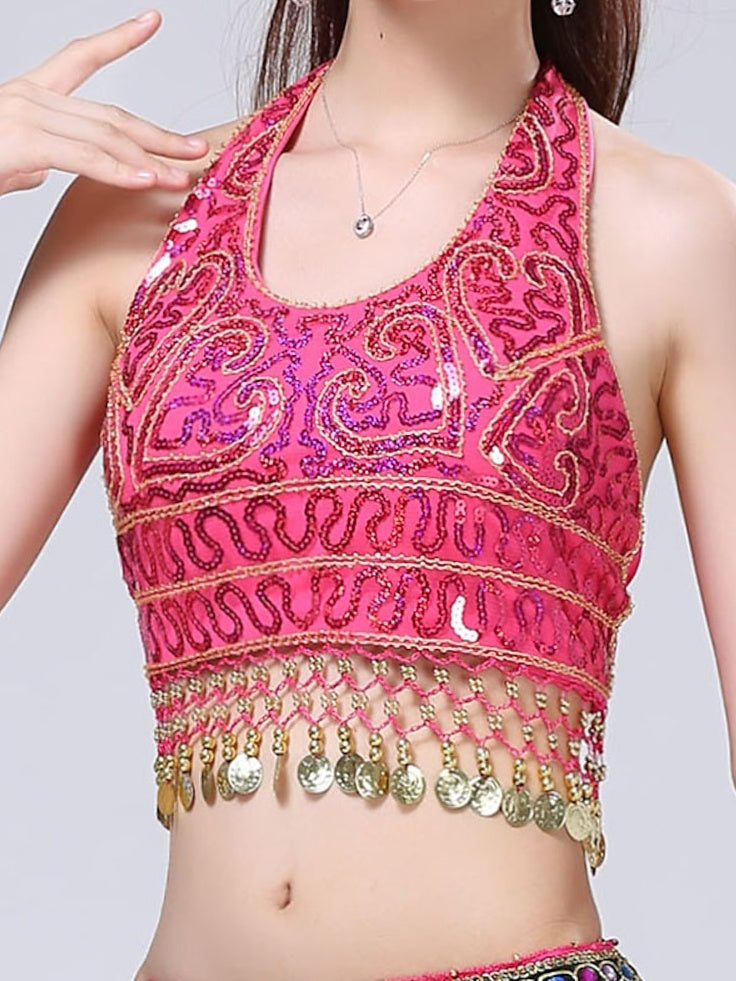 Belly Dance Sleeveless Top Tassel Solid Splicing Women's Training Performance