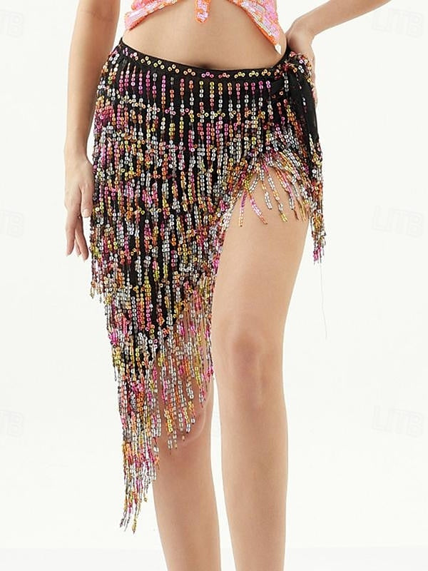 Belly Dance Skirts Pure Color Splicing Sequins Women's Performance