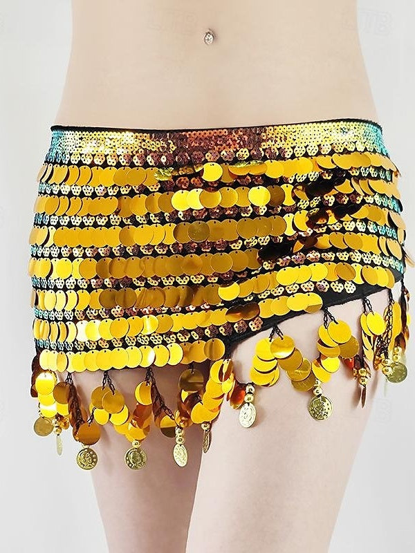 Belly Dance Belt Gold Coin Pure Color Splicing Women's Performance Training High Polyester Sequined