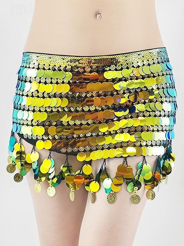Belly Dance Belt Gold Coin Pure Color Splicing Women's Performance Training High Polyester Sequined