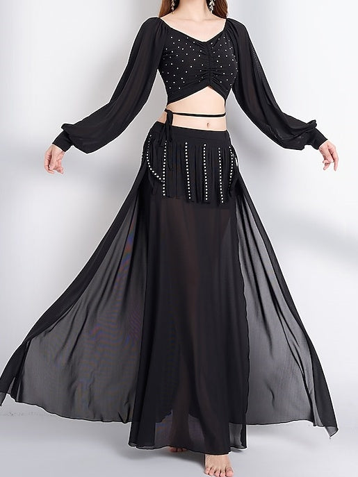 Belly Dance Long Sleeve Skirts Tassel Sequins Women's Performance Party