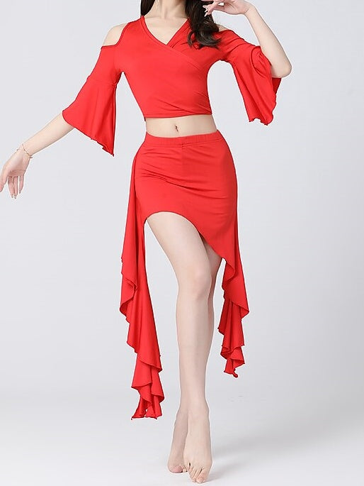Belly Dance Half Sleeve Skirts Ruffles Pure Color Women's Performance Daily Wear