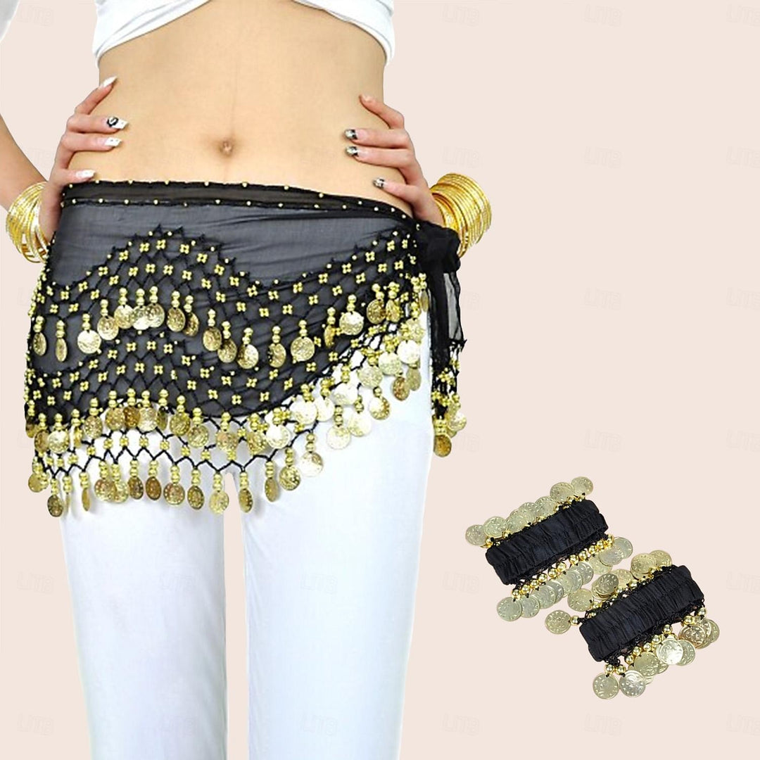 Belly Dance Hip Scarf Coin Beading Sequins Women's Training Chiffon with Coin Tassel Dance Accessories