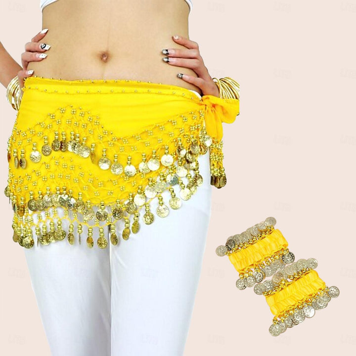 Belly Dance Hip Scarf Coin Beading Sequins Women's Training Chiffon with Coin Tassel Dance Accessories
