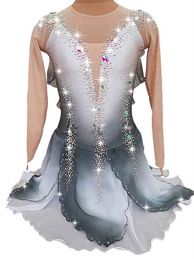 Gray Figure Skating Dress Women's Girls' Long Sleeve Ice Skating Dress, Child 8 / Gray