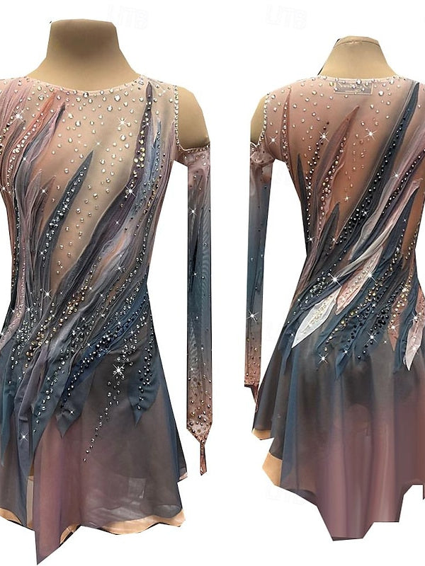 Coffee Figure Skating Dress Wear Women's Girls' Long Sleeve Ice Skating Dress, Child 8 / Coffee