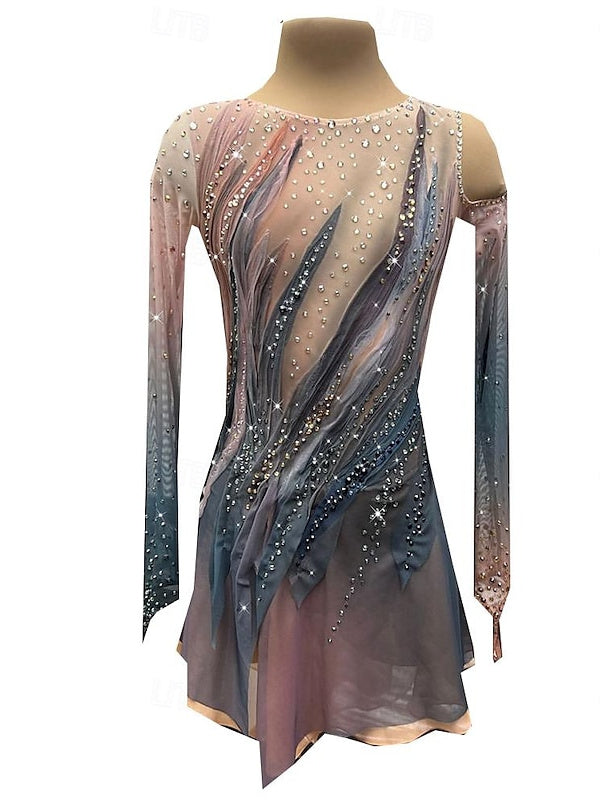 Coffee Figure Skating Dress Wear Women's Girls' Long Sleeve Ice Skating Dress