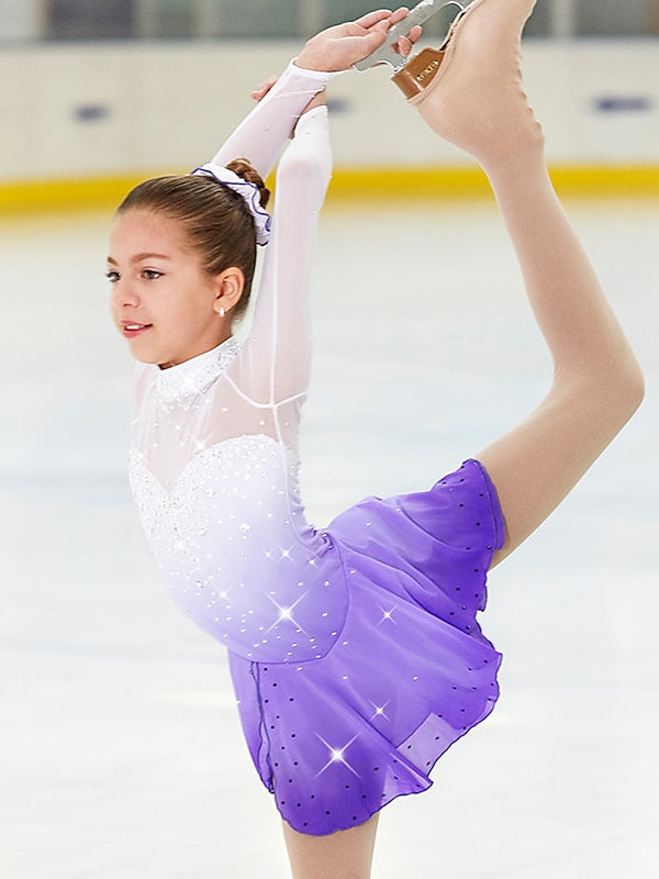 Figure Skating Women's Girls' Training Practice Long Sleeve Ice Skating Dress, Child 8 / Purple