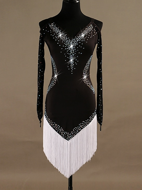 Women's  Latin Dance  Dress Crystals / Rhinestones Women‘s Training Long Sleeve High Spandex Tulle
