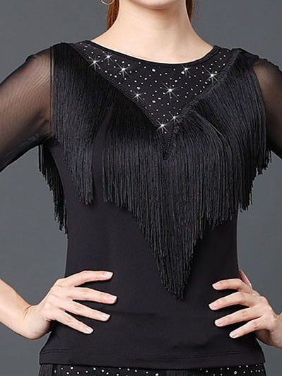 Women's Dancewear Latin Dance Ballroom Dance Top Fringed Ruching Pure Color Tassel  Short Sleeve