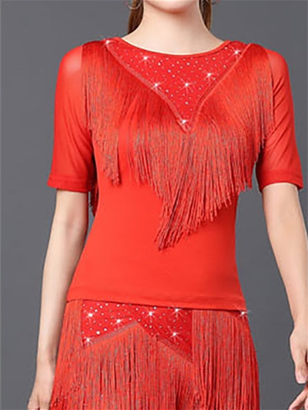 Women's Dancewear Latin Dance Ballroom Dance Top Fringed Ruching Pure Color Tassel  Short Sleeve