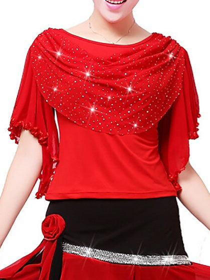 Women's  Latin Dance  Sparkle Top Ruffles Pure Color  Round Short Sleeve