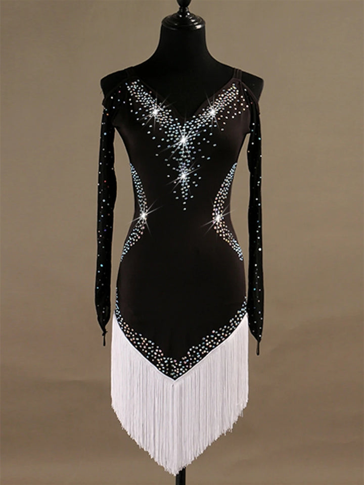 Latin Dance Dress Crystals / Rhinestones Long Sleeve High Spandex Tulle Women‘s Training