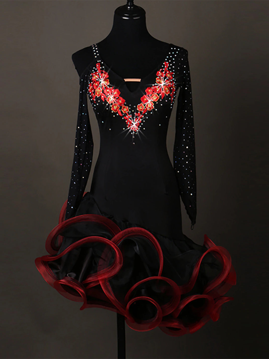 Dance Salsa Latin Dance Dress Crystals / Rhinestones Long Sleeve Spandex Organza Women?s Training Performance, S / Red Dance Salsa Latin Dance Dress Crystals / Rhinestones Long Sleeve Spandex Organza Women?s Training Performance, S / Red