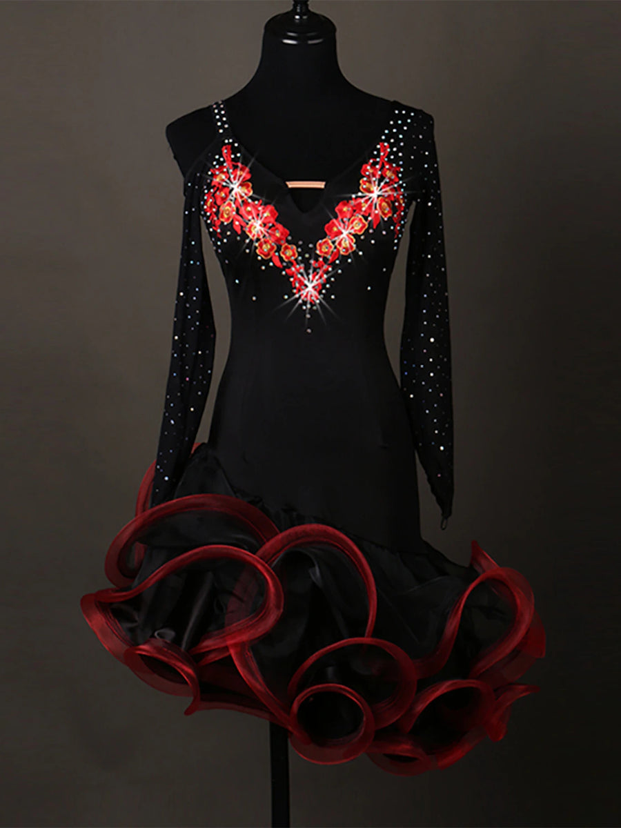 Dance Salsa Latin Dance Dress Crystals / Rhinestones Long Sleeve Spandex Organza Women?s Training Performance, S / Red