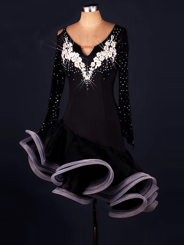 Dance Salsa Latin Dance Dress Crystals / Rhinestones Long Sleeve Spandex Organza Women‘s Training Performance