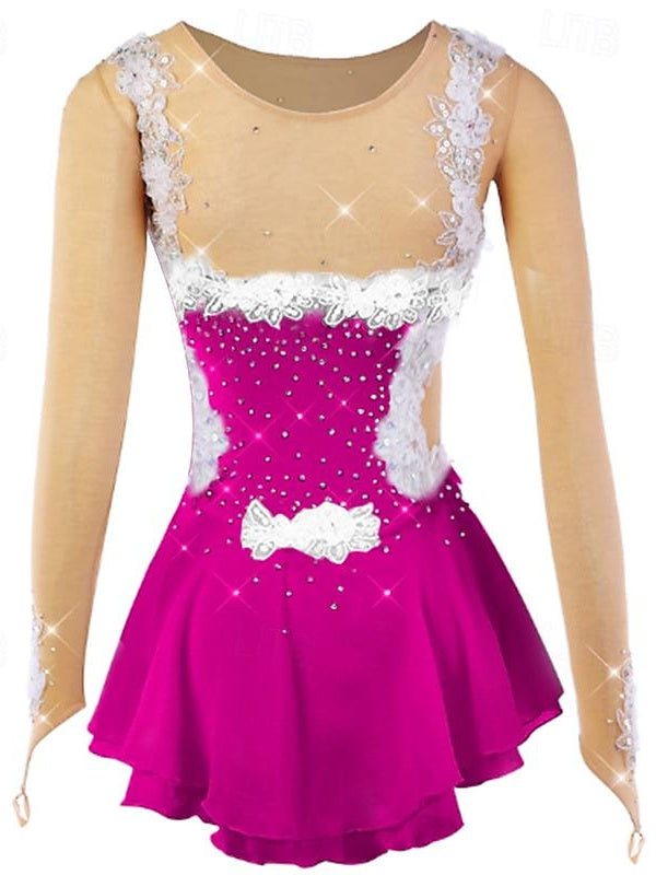 Figure Skating Women's Girls' Ice  Flower Spandex Mesh Lace High Elasticity Flower Dumb Light Ice Dancewear Dress