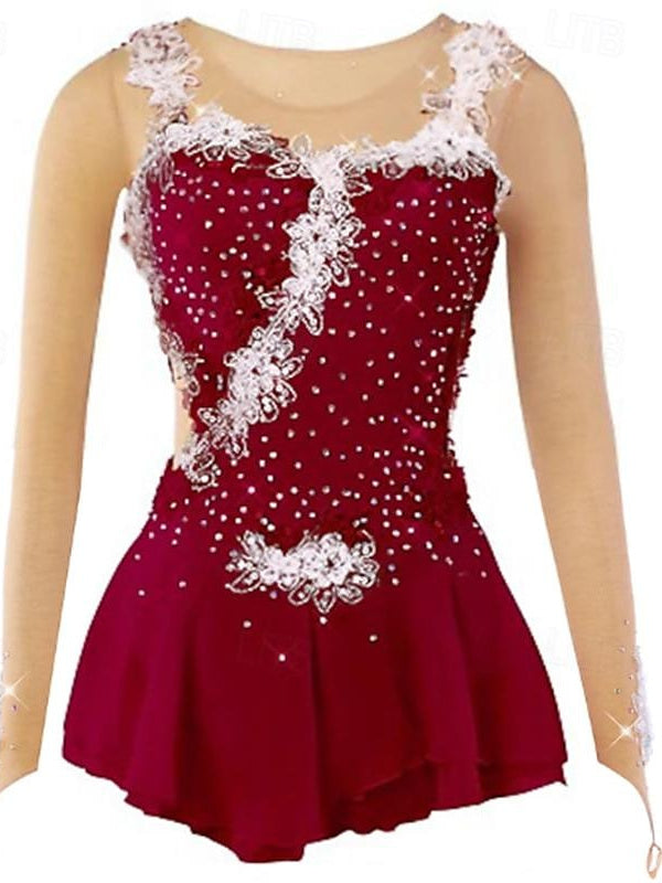 Figure Skating Women's Girls' Ice  Flower Spandex Mesh Lace High Elasticity Flower Dumb Light Ice Dancewear Dress