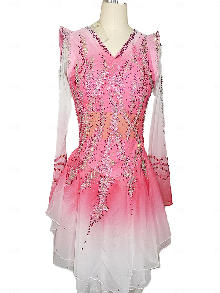 Figure Skating Dress Women's Girls' Ice Skating Dress Pink  Open Patchwork Back Mesh Spandex Stretchy Crystal / Rhinestone Skating Dress