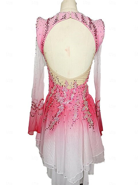 Figure Skating Dress Women's Girls' Ice Skating Dress Pink  Open Patchwork Back Mesh Spandex Stretchy Crystal / Rhinestone Skating Dress