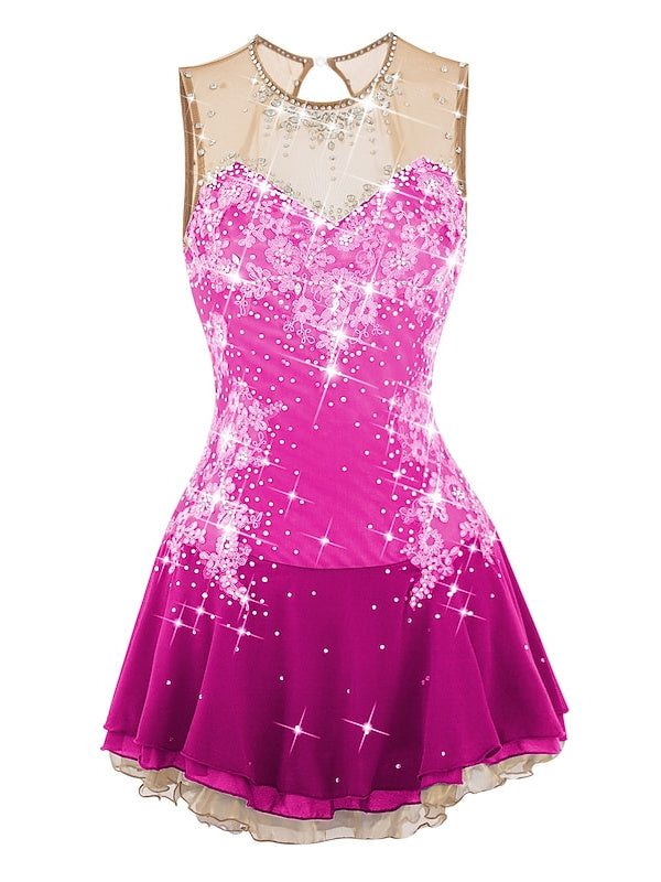 Figure Skating Dress Women's Girls' Ice Skating Dress Open Back Spandex Flower Mesh Rhinestone Sleeveless Ice Dancewear