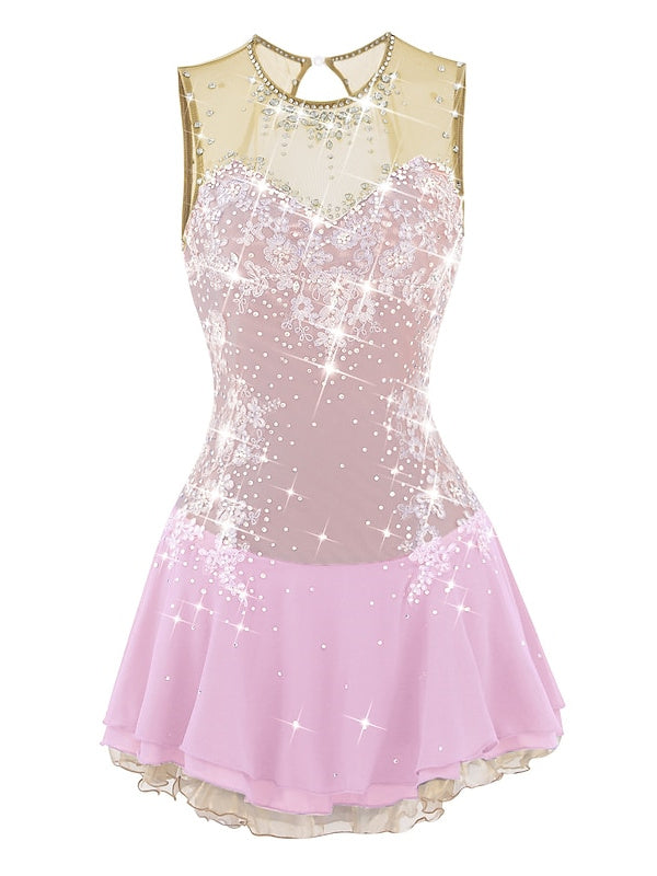 Figure Skating Dress Women's Girls' Ice Skating Dress Open Back Spandex Flower Mesh Rhinestone Sleeveless Ice Dancewear