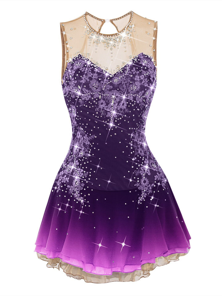 Figure Skating Dress Women's Girls' Ice Skating Dress Open Back Spandex Flower Mesh Rhinestone Sleeveless Ice Dancewear