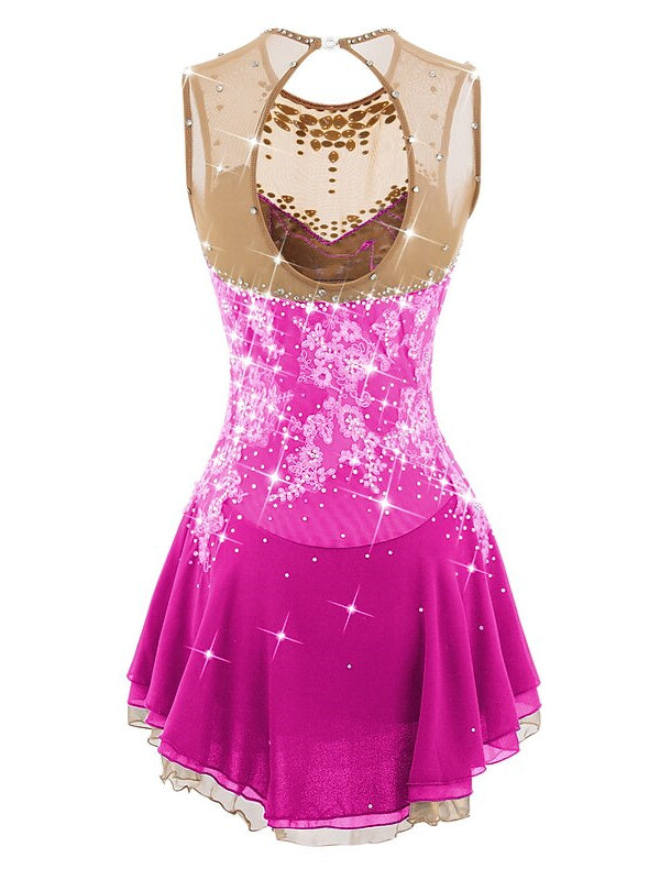 Figure Skating Dress Women's Girls' Ice Skating Dress Open Back Spandex Flower Mesh Rhinestone Sleeveless Ice Dancewear