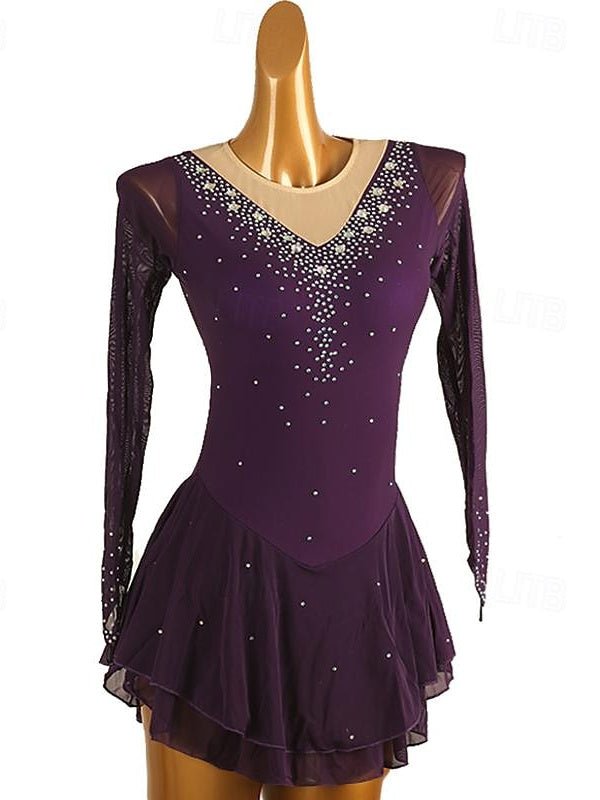 Figure Skating Dress Women's Girls' Ice Skating Dress  Patchwork Mesh Rhinestone High Elasticity Ice Skating Dress