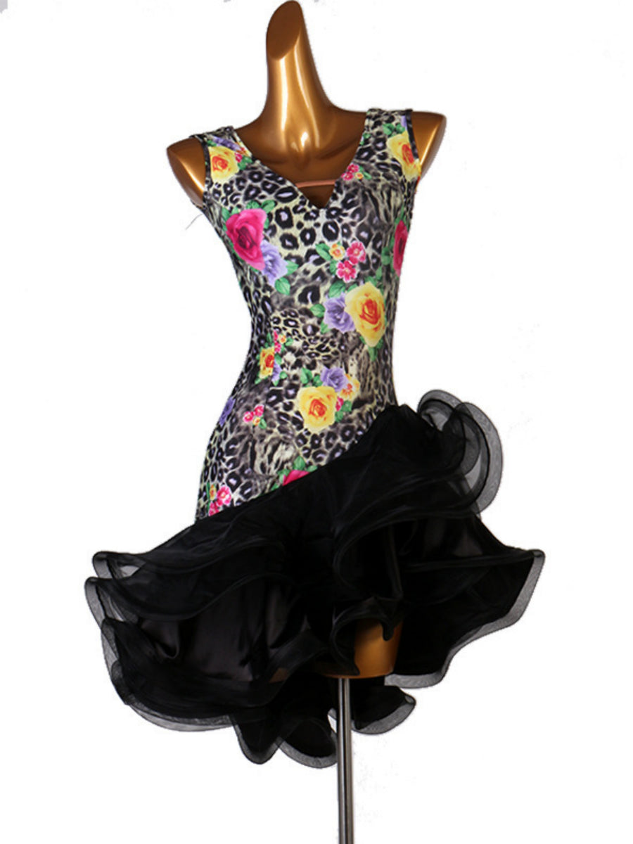 Dance Salsa Latin Dance Dress Cascading Ruffles Split Joint Women‘s Sleeveless