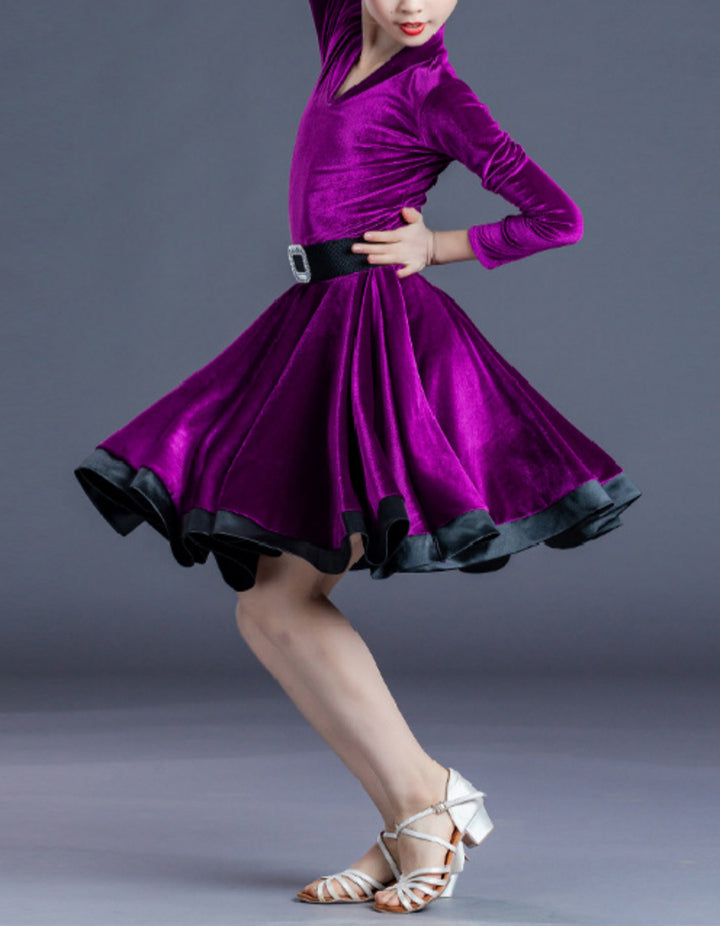 Latin Dance Kids' Dancewear Dress Pure Color Long Sleeve V Neck Girls' Performance Polyester
