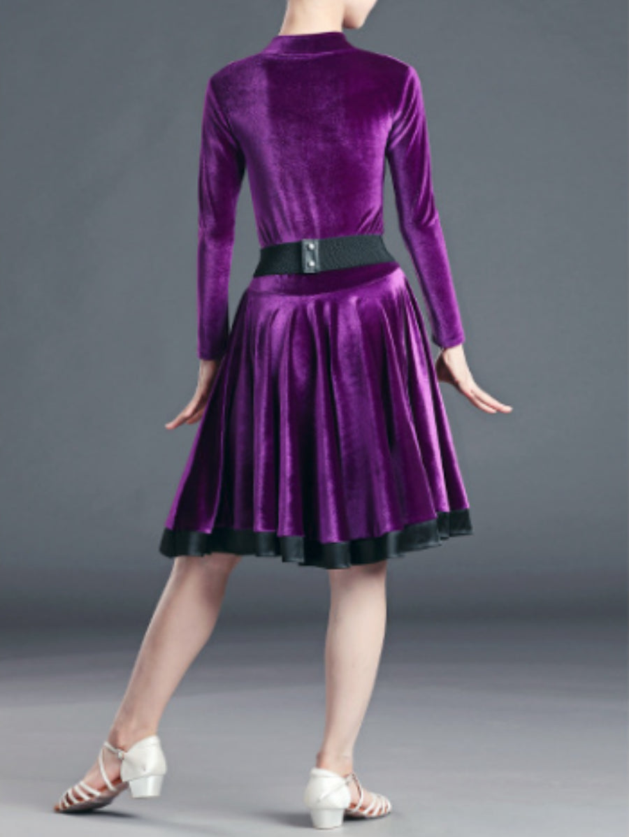 Latin Dance Kids' Dancewear Dress Pure Color Long Sleeve V Neck Girls' Performance Polyester
