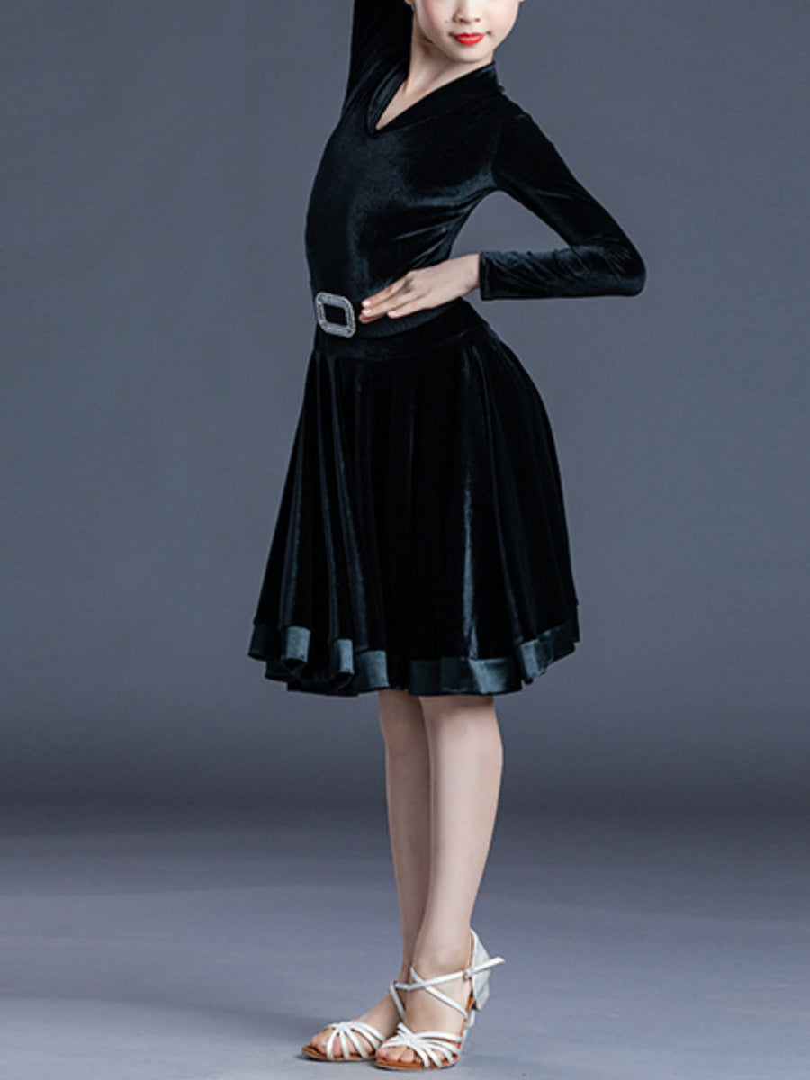 Latin Dance Kids' Dancewear Dress Pure Color Long Sleeve V Neck Girls' Performance Polyester