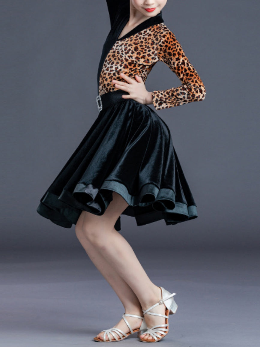 Latin Dance Kids' Dancewear Dress Pure Color Long Sleeve V Neck Girls' Performance Polyester