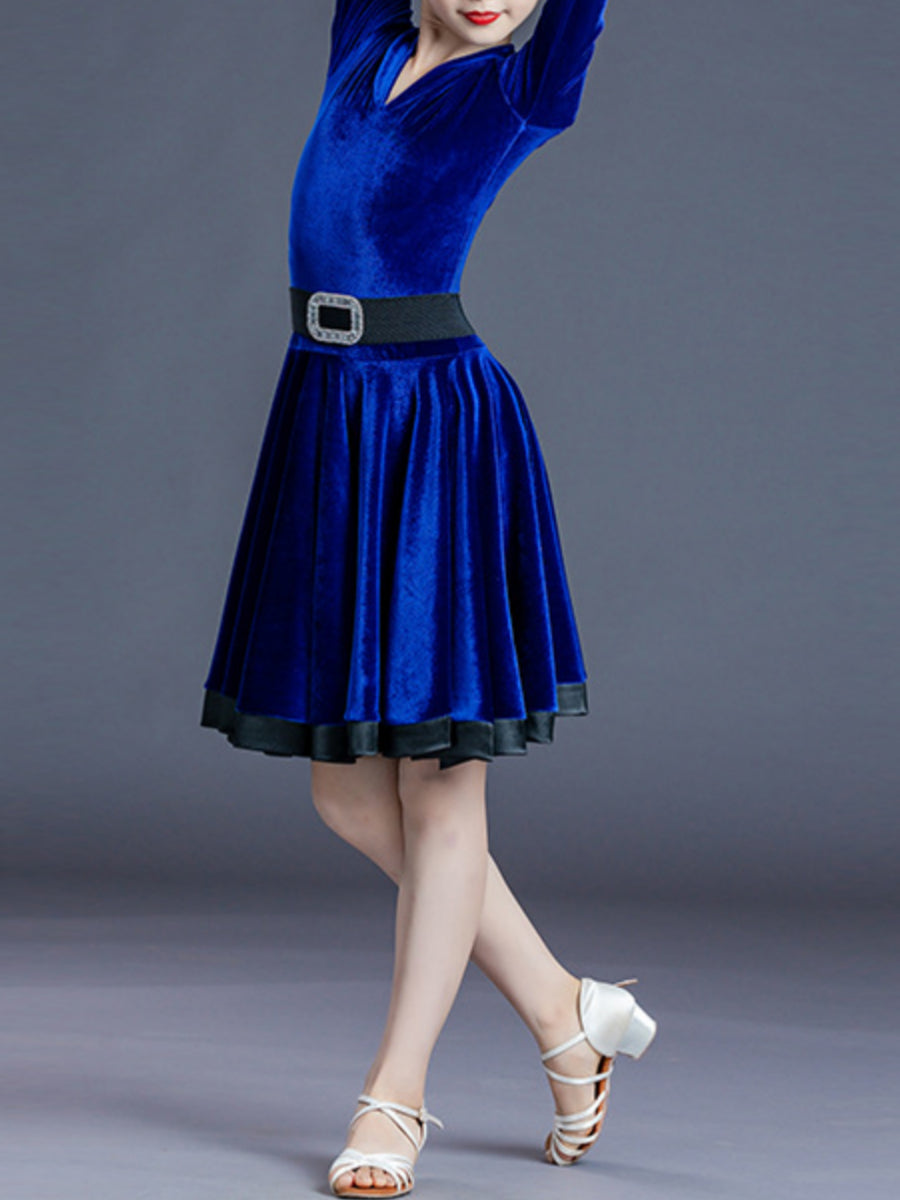 Latin Dance Kids' Dancewear Dress Pure Color Long Sleeve V Neck Girls' Performance Polyester