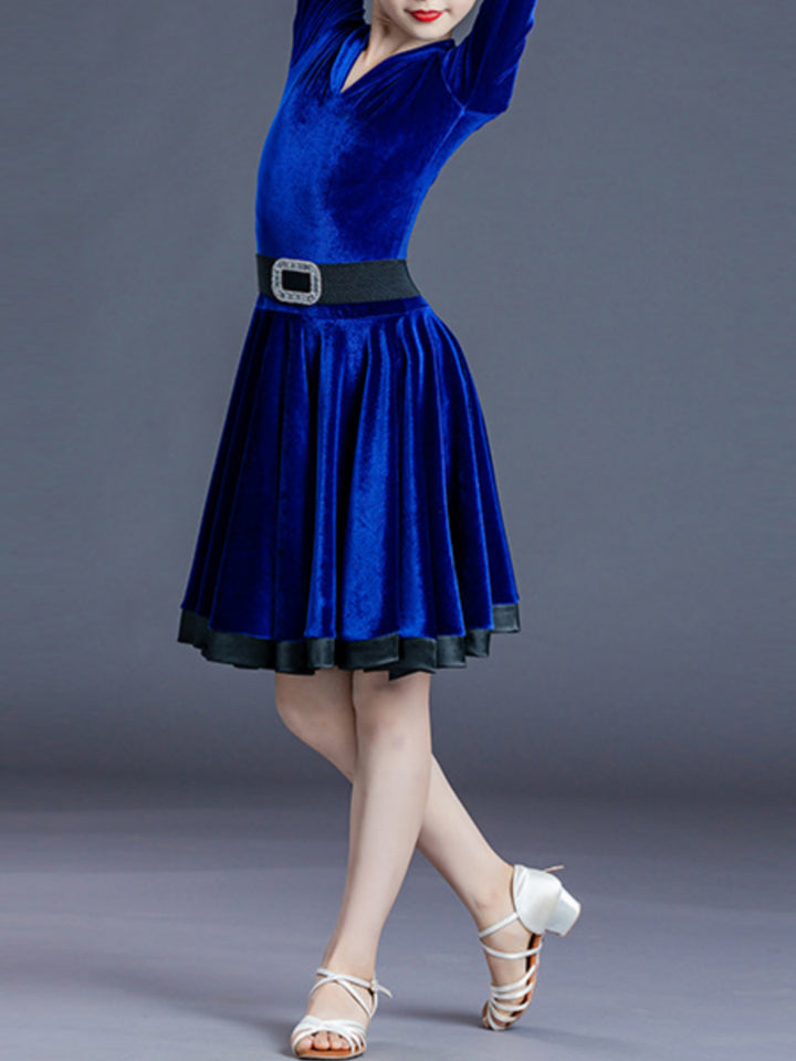 Latin Dance Kids' Dancewear Dress Pure Color Long Sleeve V Neck Girls' Performance Polyester