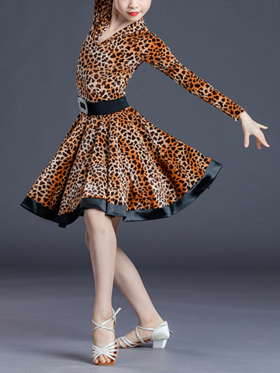 Latin Dance Kids' Dancewear Dress Pure Color Long Sleeve V Neck Girls' Performance Polyester