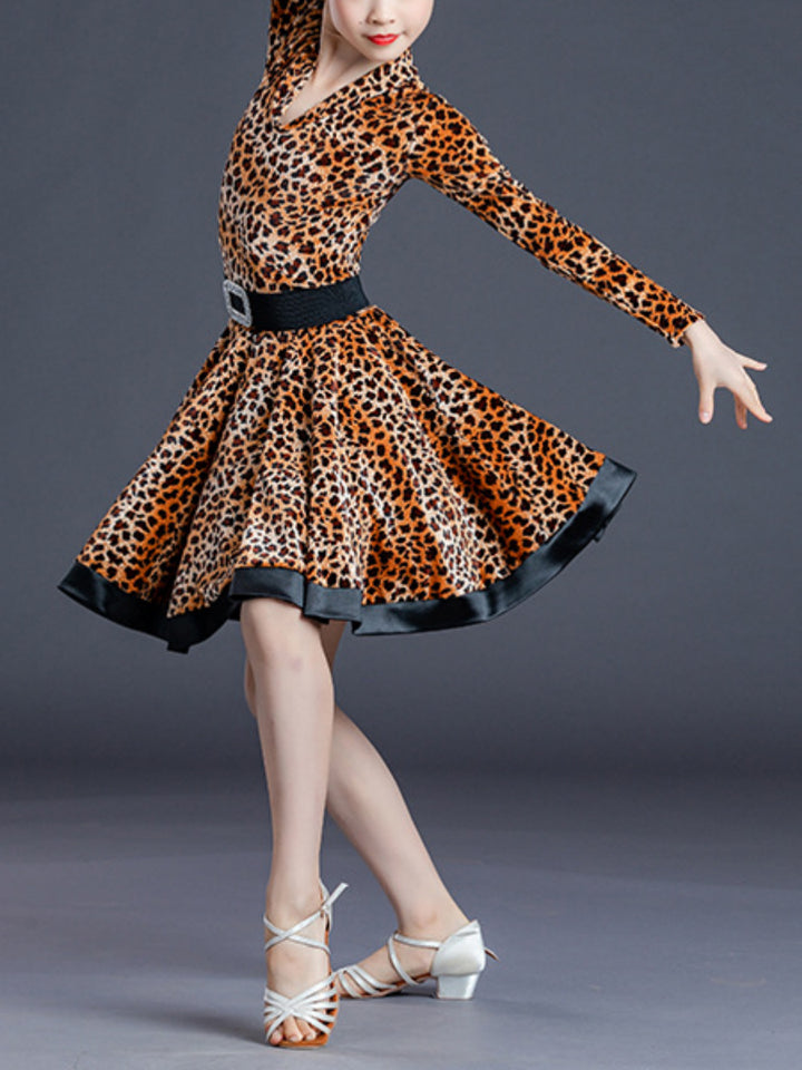 Latin Dance Kids' Dancewear Dress Pure Color Long Sleeve V Neck Girls' Performance Polyester