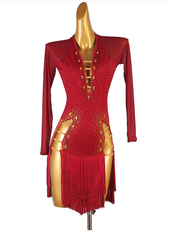 Latin Dance Dress Long Sleeve Tassel Crystals/Rhinestones Women's Performance  Chinlon Mesh