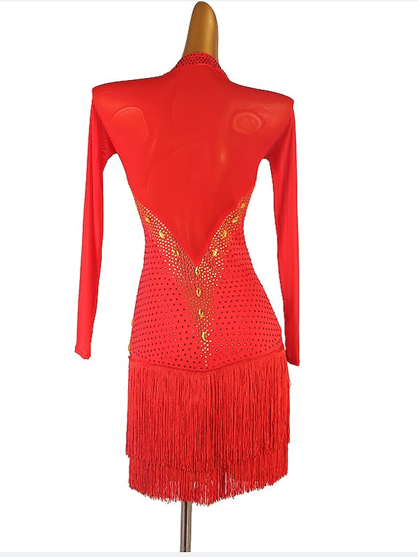 Latin Dance Dress Long Sleeve Tassel Crystals/Rhinestones Women's Performance  Chinlon Mesh