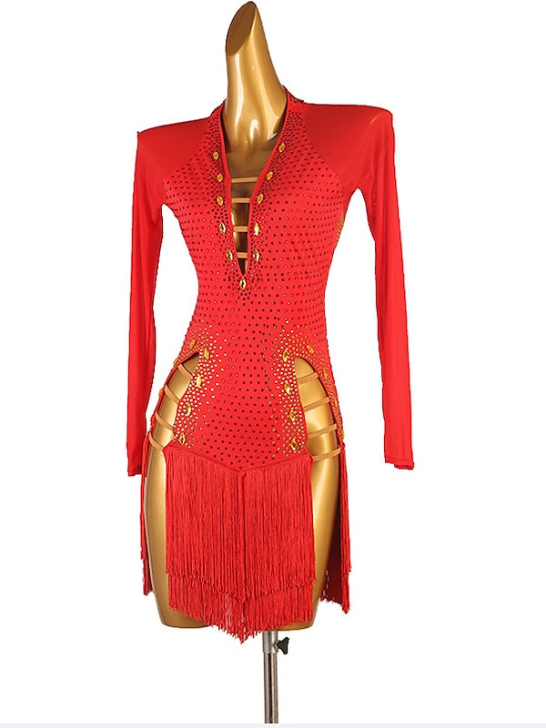 Latin Dance Dress Long Sleeve Tassel Crystals/Rhinestones Women's Performance  Chinlon Mesh