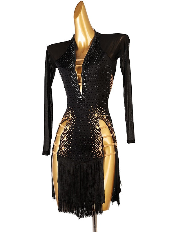 Latin Dance Dress Long Sleeve Tassel Crystals/Rhinestones Women's Performance Chinlon Mesh, S / Black Latin Dance Dress Long Sleeve Tassel Crystals/Rhinestones Women's Performance Chinlon Mesh, S / Black